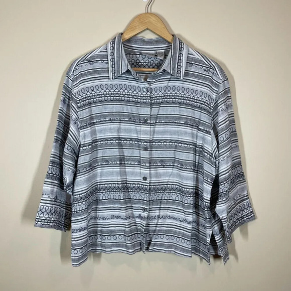 Chico's Tops - Chicos 100% Linen Embroidered Button Up Womens Size 3 Peace Love Striped